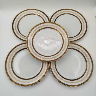 купить Набор десертных тарелок с растительным декором на 5 персон, серия "Charleroi-Bruxelles", фарфор, золочение, Tirschenreuth, Германия, 1969-1990 гг.
