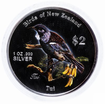 купить Острова Кука 2 доллара 2005 "Птицы Новой Зеландии - Новозеландский туи" в футляре с сертификатом