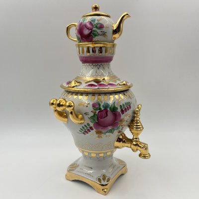 купить Статуэтка "Самовар с заварочным чайником", фарфор, роспись, золочение, Объединение «Гжель», СССР, 1972-1985 гг.