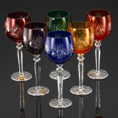 купить Набор крупных бокалов для вина разноцветных оттенков на 6 персон, Zawiercie Glass, хрусталь, алмазная грань, Польша, 1990-2010 гг.