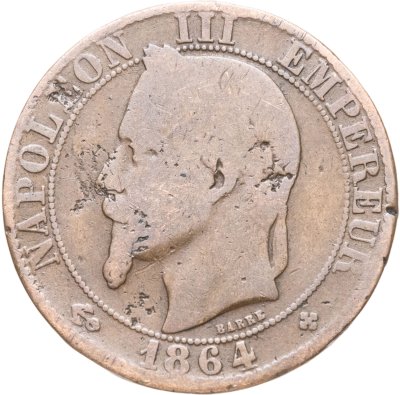 купить Франция 5 сантимов (centimes) 1864 BB знак монетного двора: "BB" - Страсбург