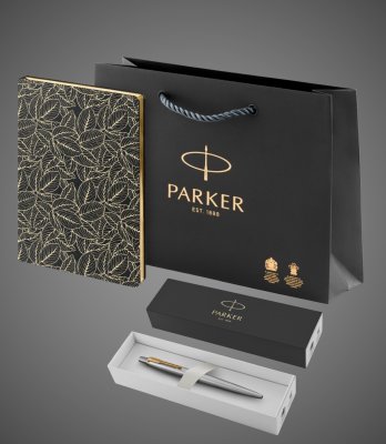 Купить Подарочный набор: Шариковая ручка Parker Jotter Essential, St. Steel GT, стержень: Mblue и Ежедневник недатированный, черный., Металлы: нержавеющая сталь, позолота, позолота, 2026 г.