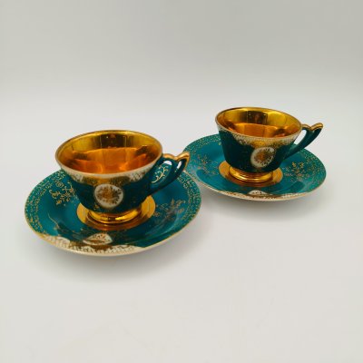купить Набор из 2-х кофейных пар бирюзового оттенка с ажурным декором, фарфор, крытье, золочение, Западная Европа, 1960-1980 гг.