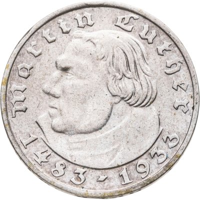купить Германия, Третий рейх 2 рейхсмарки (reichsmark) 1933 F "450 лет со дня рождения Мартина Лютера"