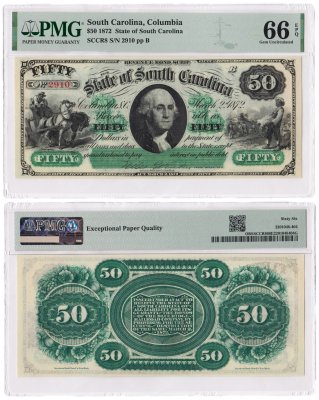 купить США, Южная Каролина, Колумбия 50 долларов 1872 . В слабе PMG UNC 66 EPQ