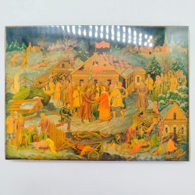 купить Панно "В освобожденном селе", автор Котухин А.В., с. Палех (репродукция), дерево, бумага, печать, оргстекло, СССР, 1970-1990 гг.