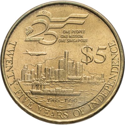 купить Сингапур 5 долларов (dollars) 1990 25 лет Независимости
