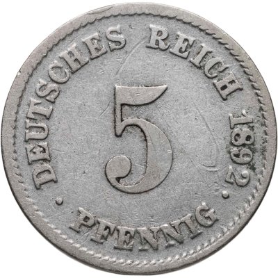купить Германия 5 пфеннигов (pfennig) 1892 G знак монетного двора: "G" - Карлсруэ