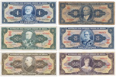 купить Бразилия набор из 6 банкнот 1, 2, 5, 10, 20, 50 крузейро 1944 - 1967