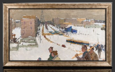 купить Картина "Город строится", художник Моторин Алексей Васильевич (1924-2004), оргалит, масло, СССР, 1958 г.
