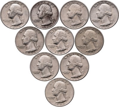 купить США набор из 10 монет 25 центов (квотер, 1/4 доллара, quarter dollar) 1968-1990