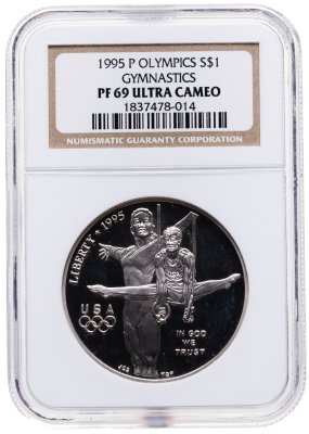 купить США 1 доллар (dollar) 1995 "XXVI летние Олимпийские Игры, Атланта 1996 - Гимнастика" в слабе NGC PF69 ULTRA CAMEO