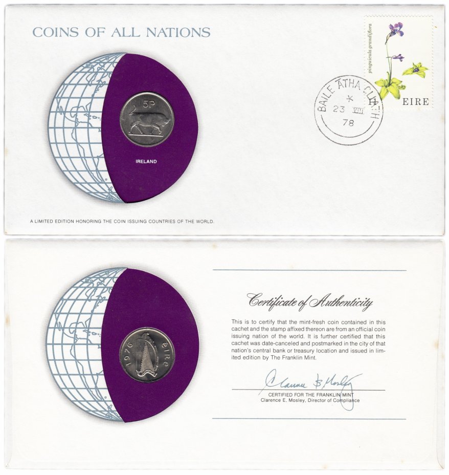 купить Серия «Монеты всех стран мира» - Ирландия 5 пенсов (pence) 1976 (монета и 1 марка в конверте)