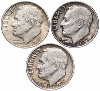 купить США набор из 3-х монет 10 центов (дайм, one dime) 1951 Silver Roosevelt Dime (Рузвельт)