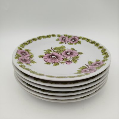 купить Набор из шести пирожковых тарелок с цветочным декором в розово-зеленой гамме, фарфор, печать, Epiag Royal Czechoslovakia, Чехословакия, 1970-1990 гг.