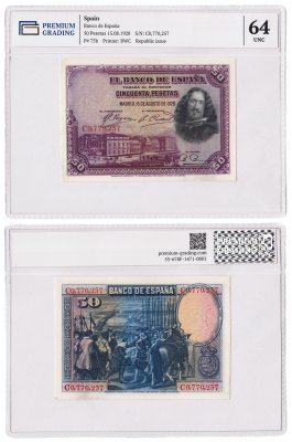 купить Испания 50 песет 1928 в слабе PG UNC64