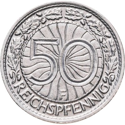 купить Германия 50 рейхспфеннигов (reichspfennig) 1928 знак монетного двора "F" — Штутгарт