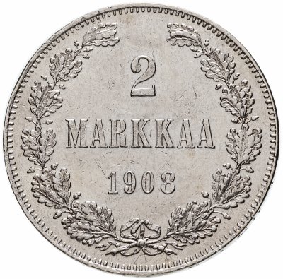 Купить 2 марки (markkaa) 1908 L, монета для Финляндии