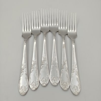 купить Набор столовых вилок с растительным декором на 6 персон, мНЦ (медь-никель-цинк), Вольнянский завод столовых приборов им. Шевченко (ЗiШ, ЗиШ), СССР, 1960-1990 гг.