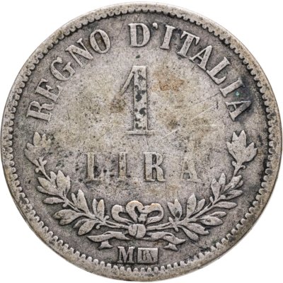 купить Италия 1 лира (lira) 1863 M Номинал на реверсе знак монетного двора: "M" - Милан