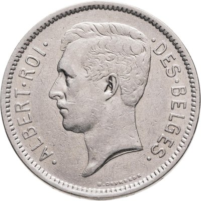 купить Бельгия 5 франков (francs) 1931 Надпись на французском - 'ALBERT ROI DES BELGES'