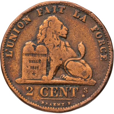 купить Бельгия 2 сантима (centimes) 1876 Надпись на французском - 'DES BELGES'