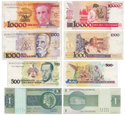 купить Бразилия набор из 4 банкнот 1, 500, 1000, 10000 крузейро 1972-1990