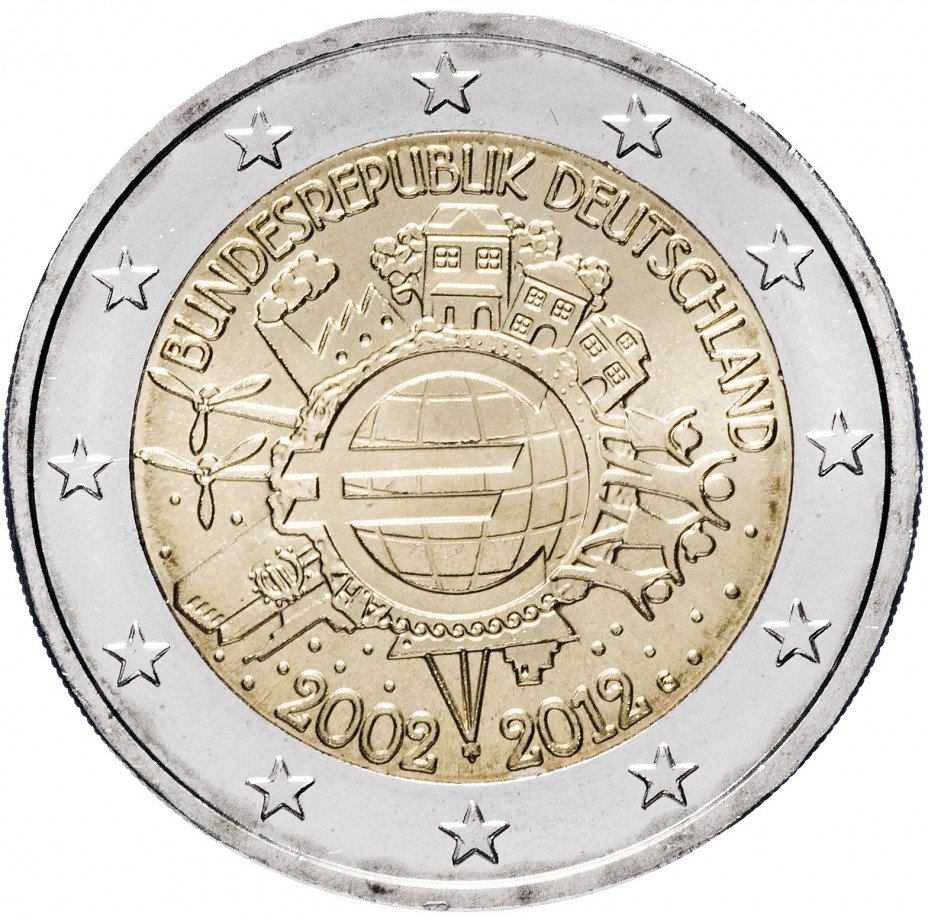 купить Германия 2 евро 2012 G "10 лет евро"