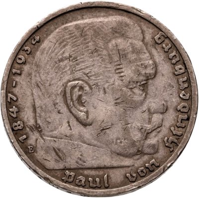 купить Германия, Третий рейх 5 рейхсмарок (reichsmark) 1936 E Гинденбург, без свастики