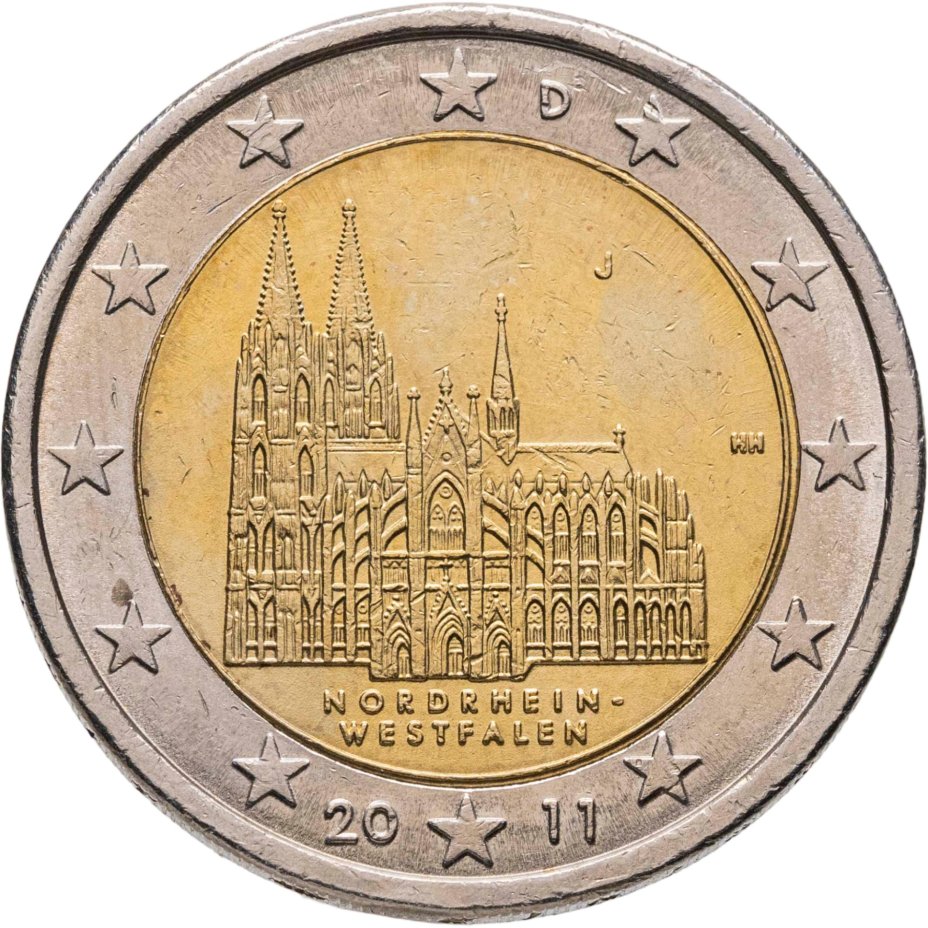 Купить Германия 2 евро (euro) 2011 "Федеральные земли Германии - Кёльнский собор, Северный Рейн — Вестфалия", знак монетного двора "J" - Гамбург