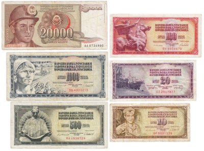 купить Югославия Набор из 6 банкнот 10, 20, 100, 500, 1000, 20000 динаров 1974 - 1987