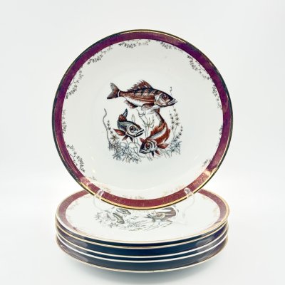 купить Набор тарелок на 6 персон, декорированный изображением рыб, фарфор, деколь, золочение, Hutschenreuther (Хутченройтер), Бавария, 1939-1964 гг.