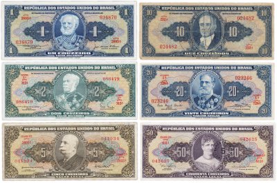 купить Бразилия набор из 6 банкнот 1, 2, 5, 10, 20, 50 крузейро 1944 - 1967
