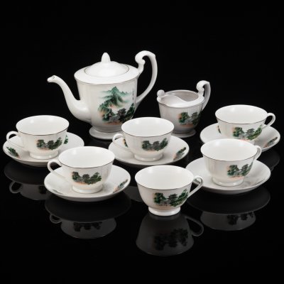 купить Сервиз чайный на 6 персон, украшенный изображением китайского пейзажа (13 предметов), фарфор, люстр, деколь, Китай, 1960-1980 гг.