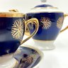 Купить Чайный сервиз "Снежинка" (заварочный чайник, сахарница, чашка и блюдце), фарфор, крытьё кобальтом, золочение, Довбышский фарфоровый завод (Довбыш), СССР, 1970-1990 гг.