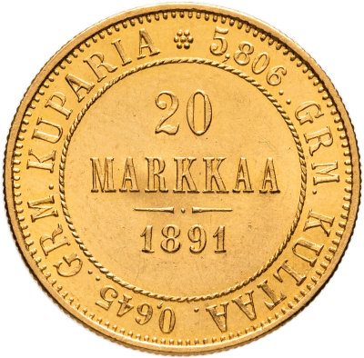 купить 20 марок (markkaa) 1891 L, монета для Финляндии правления Александра III