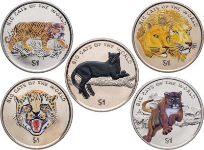 купить Сьерра-Леоне набор 1 доллар 2001 "Большие кошки мира - Тигр, львы, пума, гепард, пантера" цветные, 5 монет