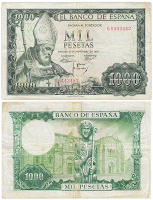 купить Испания 1000 песет 1965 Pick 151 ( "Святой Исидор" Бартоломе Эстебан Мурильо, Базилика Святого Исидора)