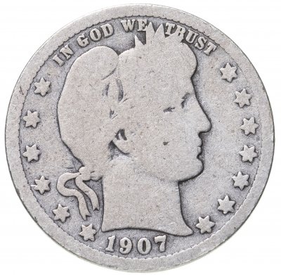 купить США 25 центов (квотер, 1/4 доллара, quarter dollar) 1907 D Barber Quarter знак монетного двора: "D" - Денвер
