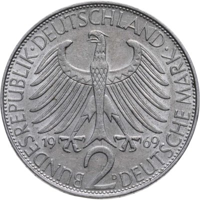 Купить Германия (ФРГ) 2 марки 1969 Макс Планк знак монетного двора: "D" - Мюнхен