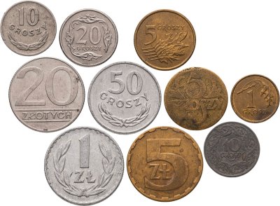 купить Польша набор из 10 монет 1, 5, 10, 20, 50 грошей, 1, 5, 20 злотых 1923-2005