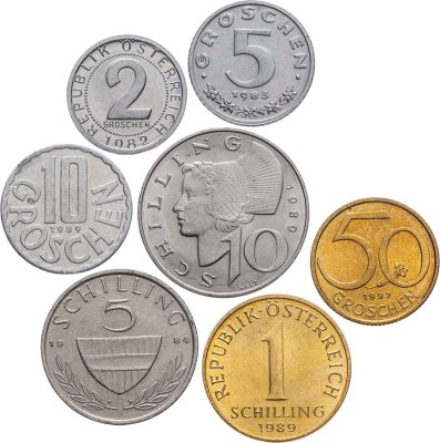 купить Австрия набор монет от 2 грошей до 10 шиллингов 1980-1997 (7 шт)