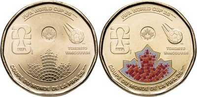 купить Канада набор из 2 монет 1 доллар 2026 "Чемпионат мира по футболу 2026 года" обычная и с цветной печатью