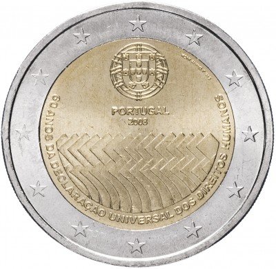 Купить Португалия 2 евро 2008 "60 лет Всеобщей декларации прав человека"