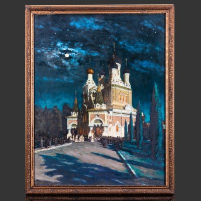 купить Картина "Собор святителя Николая Чудотворца в Ницце. Ночная служба", оформленная в раму, подпись "Плетневъ", картон, масло, Россия, 1970-2000 гг.