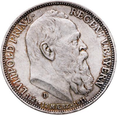 купить Германская империя (Бавария) 3 марки 1911 "90 лет со дня рождения Луитпольда Баварского"