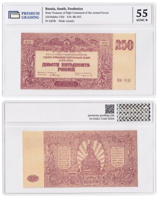 купить Вооруженные Силы Юга России (ВСЮР) 250 рублей 1920 водяной знак "Мозаика" в слабе PREMIUM GRADING