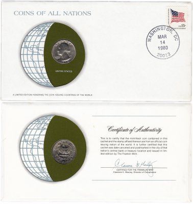 купить Серия «Монеты всех стран мира» - США 25 центов 1979 (монета и 1 марка в конверте)