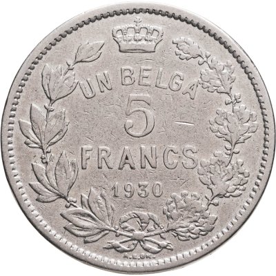 купить Бельгия 5 франков (francs) 1930 Надпись на французском - 'ALBERT ROI DES BELGES' Монетное отношение аверс/реверс (180°)