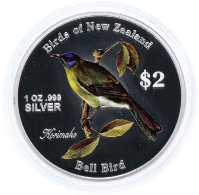 купить Острова Кука 2 доллара 2005 "Птицы Новой Зеландии - Медосос-колокольчик" в футляре, с сертификатом